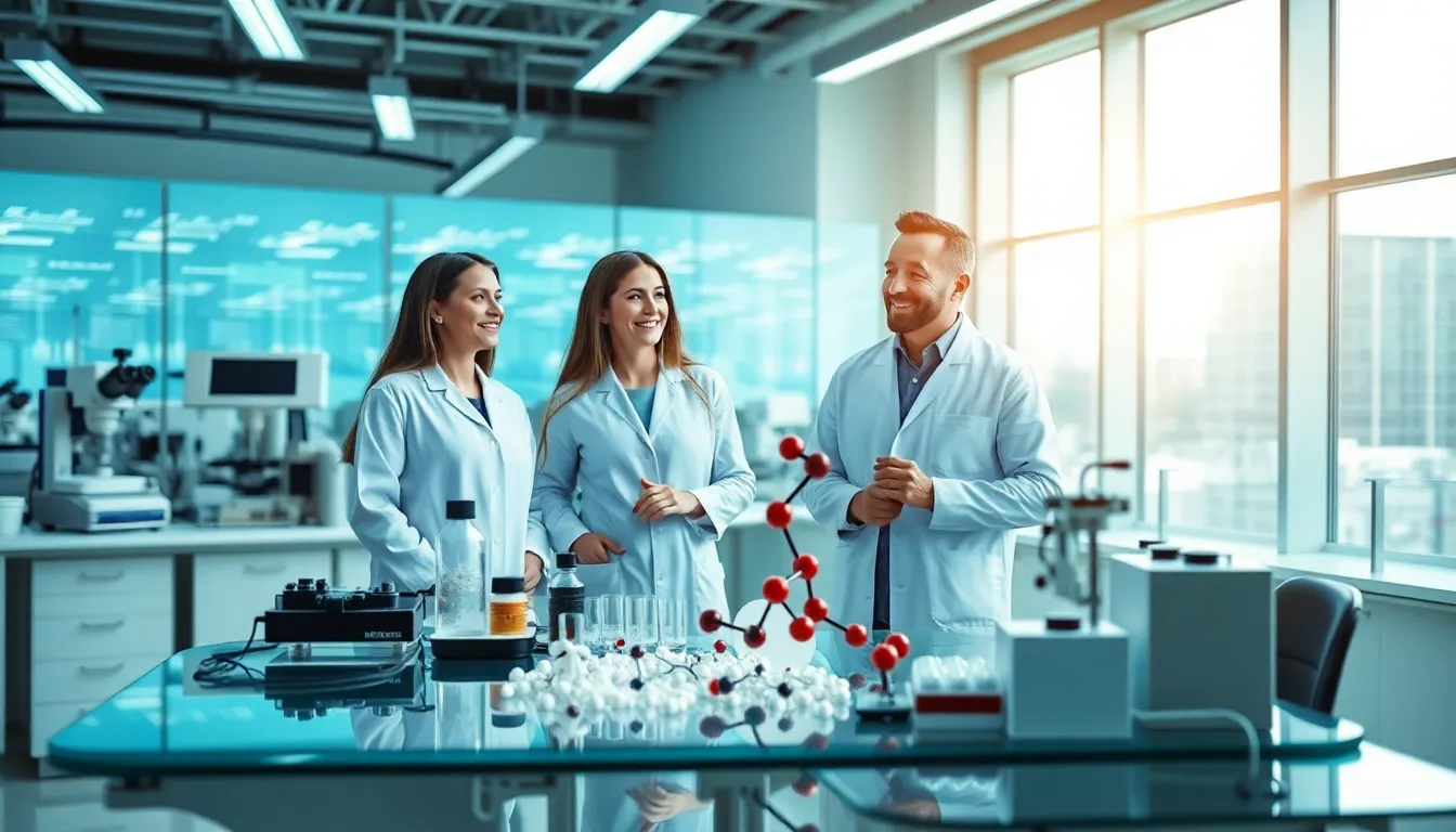 diverse team discussing the compound lorimineli in a modern lab.